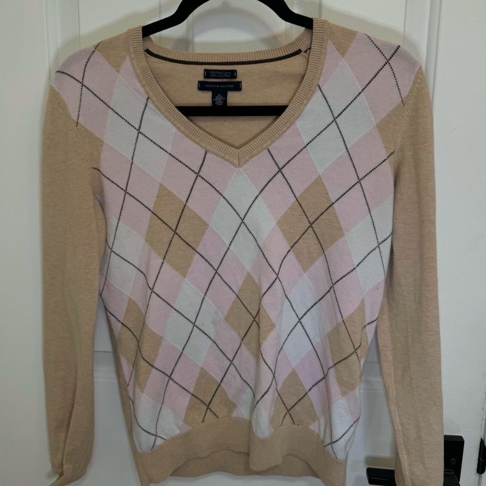Tommy Hilfiger Argyle Plaid Sweater Tan Pink and White V Neck Size XS-Small